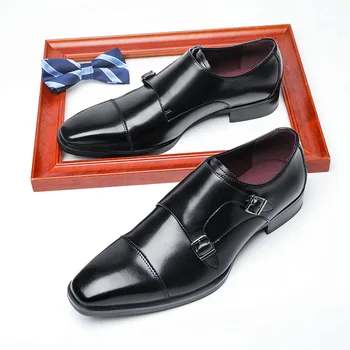 Мъжки модел Обувки От Естествена Кожа с Двоен Обтегач и Монашеским Каишка, Мъжки Обувки С Змеиным Принтом, класически Италиански Обувки