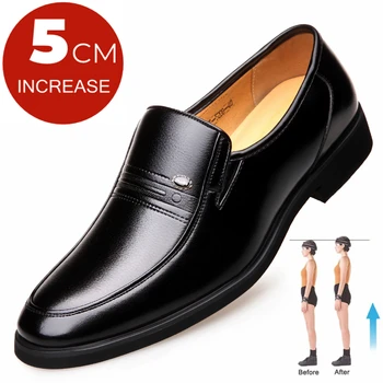 Мъжки официалната обувки на равна подметка/5 см от естествена кожа, с асансьор, Бизнес Сватбени обувки, Които Растежа, Обувки с асансьор, Невидима Обувки-Високи