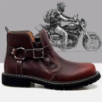 Мъжки Реколта Каубойски Мотоциклетни Ботильоны От Телешка Кожа С Катарама На Колана, Модни Благородна Работа Защитни Обувки 