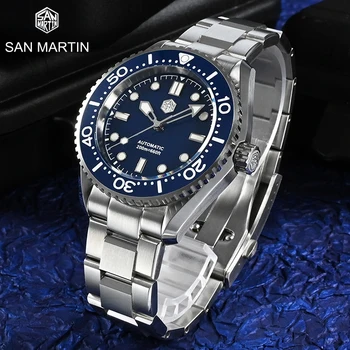 Мъжки Часовник San Martin SN036G Diver с Эмалированным Циферблат, 20 ATM, BGW9, Светещи Класически Луксозни Автоматични Механични Ръчни Часовници Miyota 8215