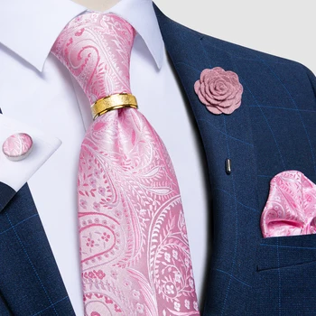 Нови Модни Мъжки Розови Вратовръзки Вратовръзки От Естествена Коприна Вратовръзка На Шията Pcoket Квадратна Брошка Набор От Сватбени Аксесоари Gravata Подарък За Мъже DiBanGu