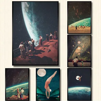 Нощното Небе Артистични Щампи Земята Платно Плакати Сюрреализъм Galaxy Космос Луната Платно Картина Плуване Космически Стенни Картини Декор 0