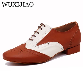 Обувки за латино танци WUXIJIAO, мъжки кожени обувки за танци балната зала, мъжки националната вятърна обувки с мека подметка, ниска 2,5 см 0