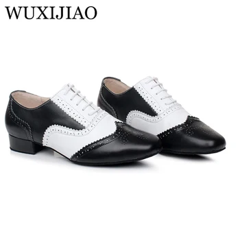 Обувки за латино танци WUXIJIAO, мъжки кожени обувки за танци балната зала, мъжки националната вятърна обувки с мека подметка, ниска 2,5 см 5