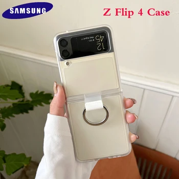 Оригинален SAMSUNG Galaxy Z Flip 4 5G ултра тънък Прозрачен Калъф Луксозен Твърд PC устойчив на удари Околовръстен Калъф-Поставка За Samsung Z Flip4 0