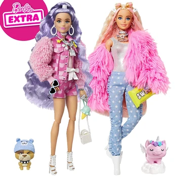 Оригиналната Кукла Барби Екстра Розова Деним Яке с Принтом на Кученцето Играчки за Момичета Гъвкави Стави Модни Аксесоари За Кукли Подарък