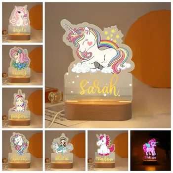 Персонализирани Прекрасен Еднорог Led нощна светлина Карикатура Акрилна 3D Лампа Потребителското си Име Настолна Лампа за Малки Момичета Детска Спалня Декор