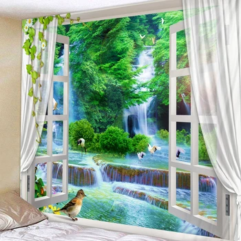 Прозорец 3D Стенен Гоблен Пейзаж Цветен Водопад Природата на Изкуството, Гоблени Хипи Украса на Стаята Бохо Декор Спалня Стенно Одеяло 1