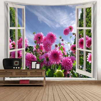 Прозорец 3D Стенен Гоблен Пейзаж Цветен Водопад Природата на Изкуството, Гоблени Хипи Украса на Стаята Бохо Декор Спалня Стенно Одеяло 4