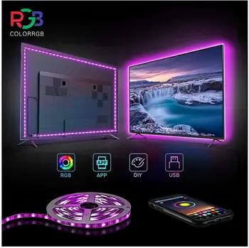 Светодиодна лента с RGB Подсветка с Променящ се цвят, 3 м 9,84 фута за телевизор с диагонал на екрана от 24 инча до 70 инча, 5, Осветление, телевизор с захранван от USB 5050 с 24 бутони за дистанционно управление 4
