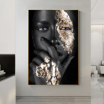 Скандинавски Плакат Скандинавски Живопис Африканска Жена Черно Златното Изкуство Платно Картина Начало Декор Фигура Стенни Щампи за Хол
