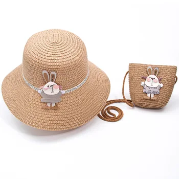 Скъпа ежедневни сламена шапка за момичета + чанта, комплекти за грижа за кожата, Детска градинска пътна празнична плажната гъвкава шапка, чанта, комплект, цветен солнцезащитная шапка, панама