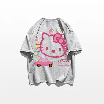 Скъпа Памучен тениска с Къси Ръкави и Принтом Котка от Картун Sanrio Hellokitty, Лятна Универсална Свободна Скъпа Риза в стил Колеж 3