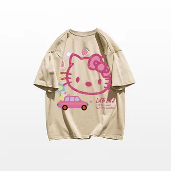 Скъпа Памучен тениска с Къси Ръкави и Принтом Котка от Картун Sanrio Hellokitty, Лятна Универсална Свободна Скъпа Риза в стил Колеж 5