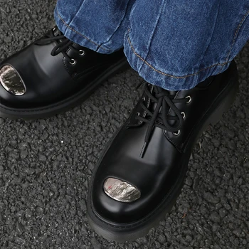 Супер препоръчвам !! Мъжки Oxfords с голяма кръгла пръсти в Метален Стил, Модни Мъжки Основни Ежедневни Кожени Обувки-дерби, Модни обувки За Момчета 5