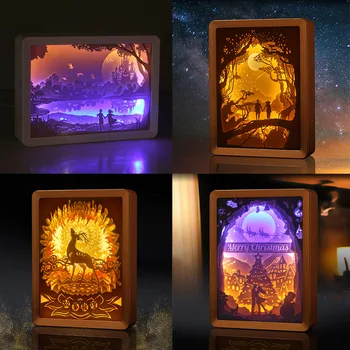 Творчески 3D Светлина Сянка Дърворезба На Хартия Светлина Украса Фоторамка Светлина Коледни Подаръци Нощна Лампа Атмосфера на Нощна Светлина