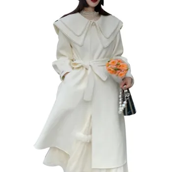 Френски стил зимата перлена във бяло дълга вълнена дамско палто с ревери принцеса свободни вълнени смеси