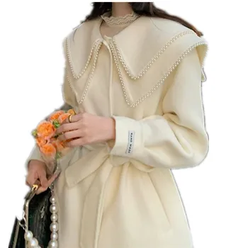 Френски стил зимата перлена във бяло дълга вълнена дамско палто с ревери принцеса свободни вълнени смеси 1