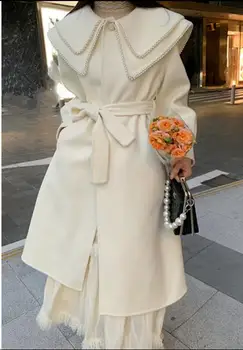 Френски стил зимата перлена във бяло дълга вълнена дамско палто с ревери принцеса свободни вълнени смеси 2