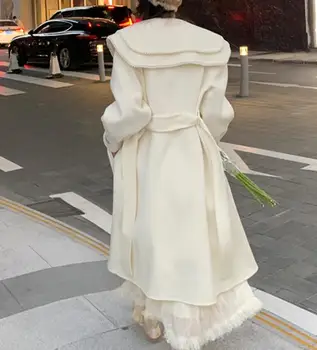 Френски стил зимата перлена във бяло дълга вълнена дамско палто с ревери принцеса свободни вълнени смеси 4