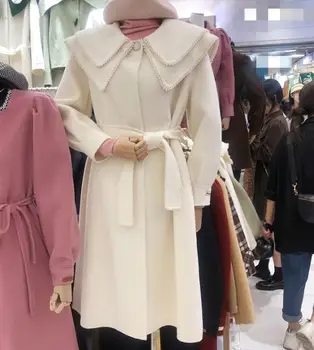 Френски стил зимата перлена във бяло дълга вълнена дамско палто с ревери принцеса свободни вълнени смеси 5