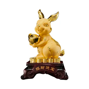 Фън шуй Смола Златен заек Скулптура Китайски Начало Декор Щастлив Статуя Офис Фигурки Подарък Занаят Украшение 0