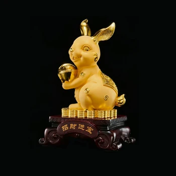 Фън шуй Смола Златен заек Скулптура Китайски Начало Декор Щастлив Статуя Офис Фигурки Подарък Занаят Украшение 1