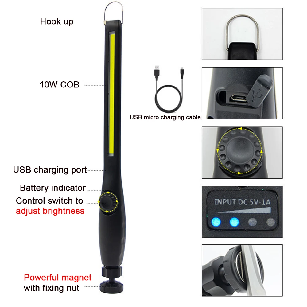 10 W COB Работен USB Лампа Акумулаторна батерия Led Работна Лампа Преносим Безжичен Магнитен Проверки Лампа За Ремонт на колата, за Домашна употреба, Цех 1