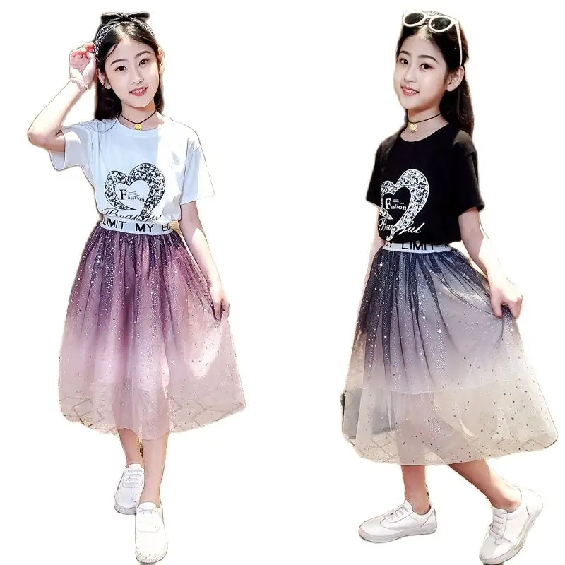 2020 г., Комплект Дрехи за малките момичета, Лятна Лейси Пола + Памучни тениски със звездите, Костюм от две части, Модни Детски Дрехи, 4, 8, 12, 14 години, на НОВОСТ