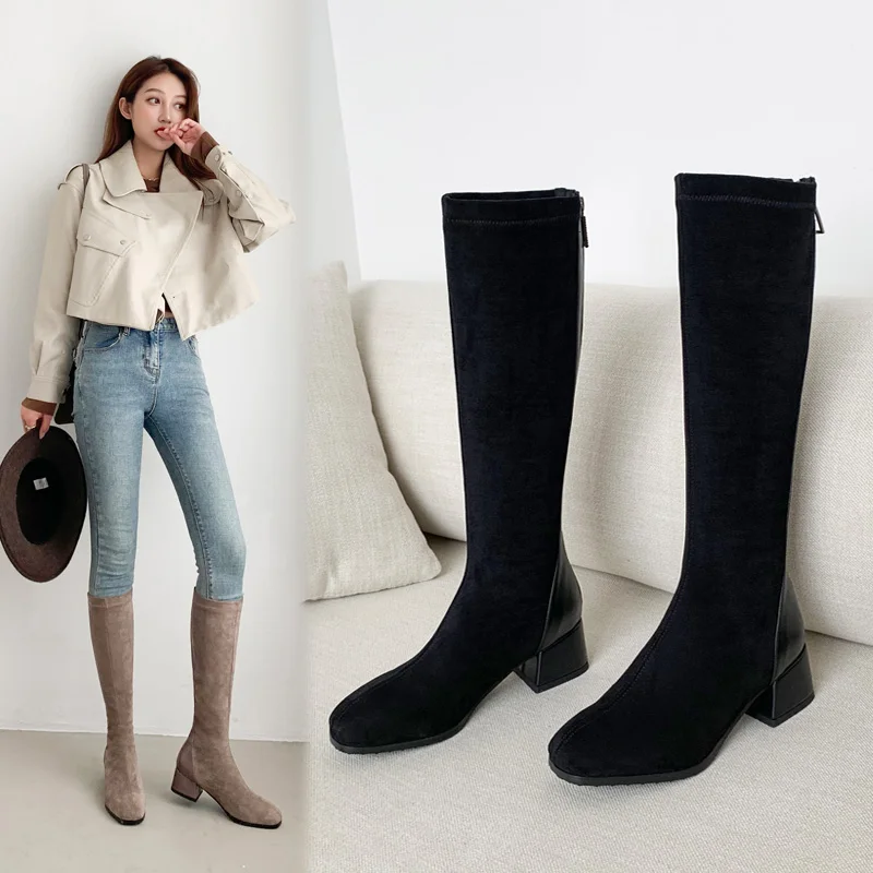 2021 г., еластични дамски обувки, Модни ботуши до коляното от изкуствен Велур На Висок Ток, в есенно-зимната плюшен дамски обувки, Размер 34-43, Черен