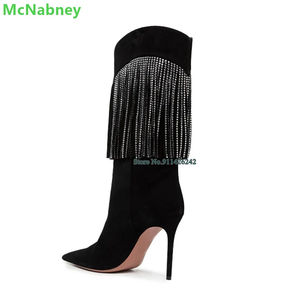 2022 Нови Черни Велурени дамски ботуши с пискюли и кристали, с остри Пръсти, на Тънките Високи токчета, без Съединителни ръчно изработени, Однотонная Модерни обувки за Подиум 1