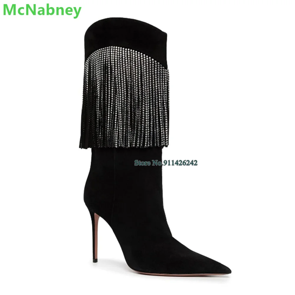 2022 Нови Черни Велурени дамски ботуши с пискюли и кристали, с остри Пръсти, на Тънките Високи токчета, без Съединителни ръчно изработени, Однотонная Модерни обувки за Подиум 3