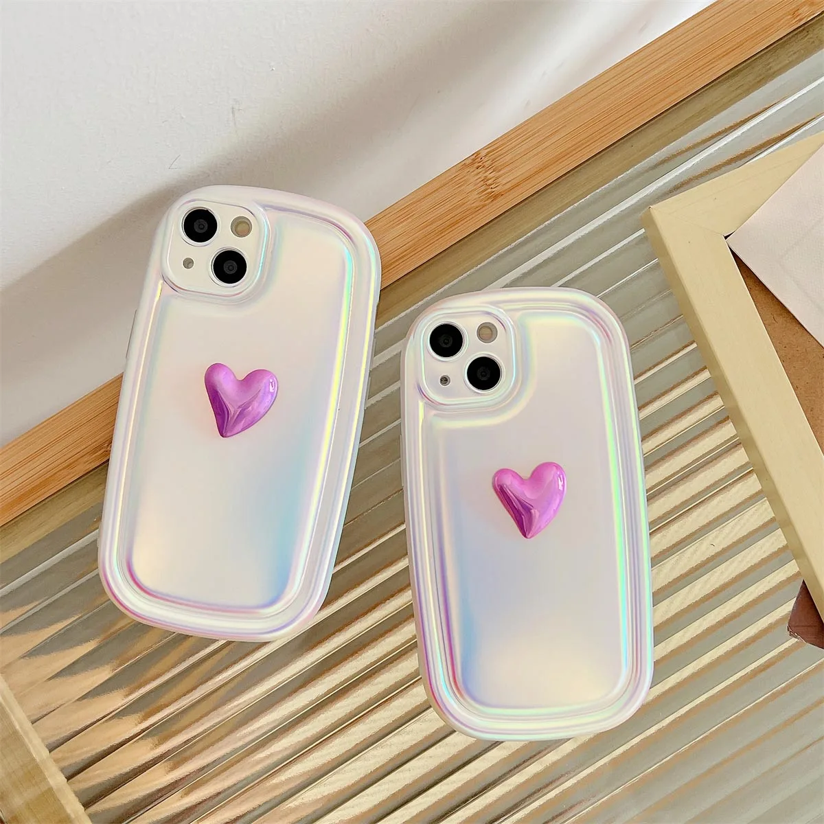 3D Лазерен Калъф за Телефон Love Heart за iPhone 14 13 12 11 Pro Max Plus X XR XS с Кръгла Ръба в Корейски Стил, Защитен Мек Силиконов Калъф 0
