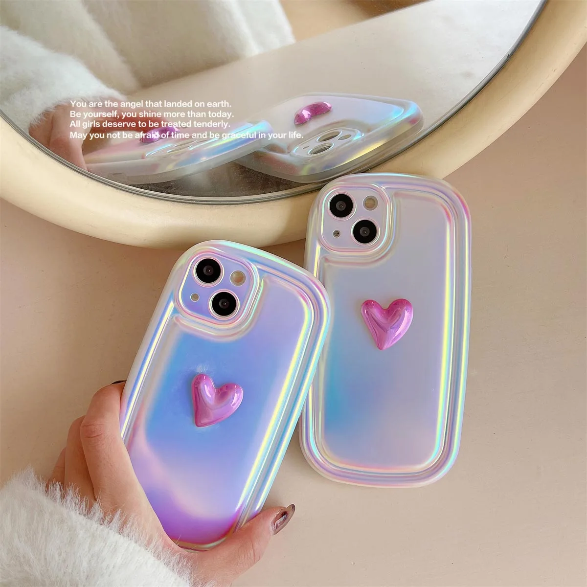 3D Лазерен Калъф за Телефон Love Heart за iPhone 14 13 12 11 Pro Max Plus X XR XS с Кръгла Ръба в Корейски Стил, Защитен Мек Силиконов Калъф 3