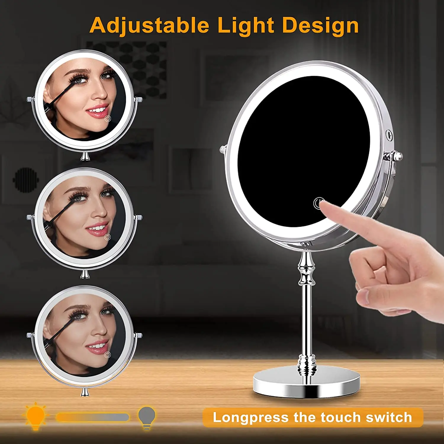 7 Инча 3 Цвят Осветява Огледало за Грим с Подсветка, USB Перезаряжаемое Двустранно Led Огледало за Суета Сензорни Козметични Огледала 0