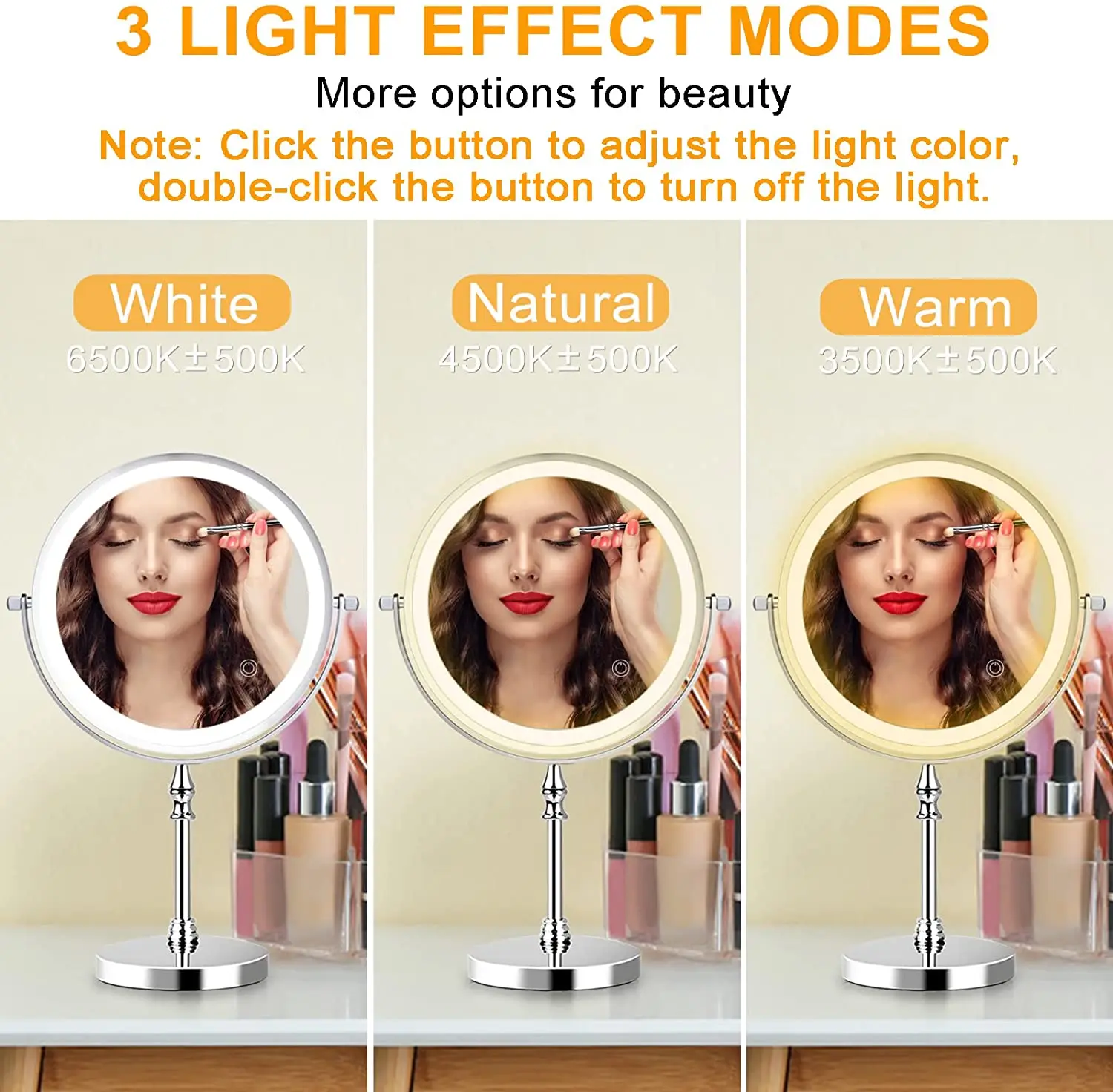 7 Инча 3 Цвят Осветява Огледало за Грим с Подсветка, USB Перезаряжаемое Двустранно Led Огледало за Суета Сензорни Козметични Огледала 3