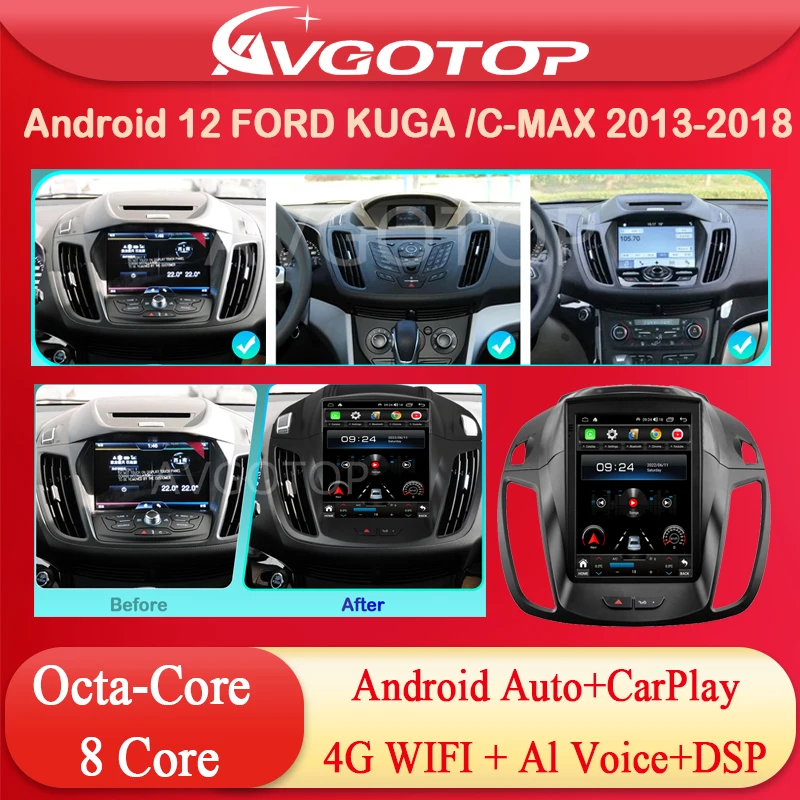 Android 12 Оттичане Авто Радио Мултимедия за Ford-Kuga C-MAX 2013 2014 2015 2016 2018 Безжичен Carplay DSP RDS 4G Wifi Стерео