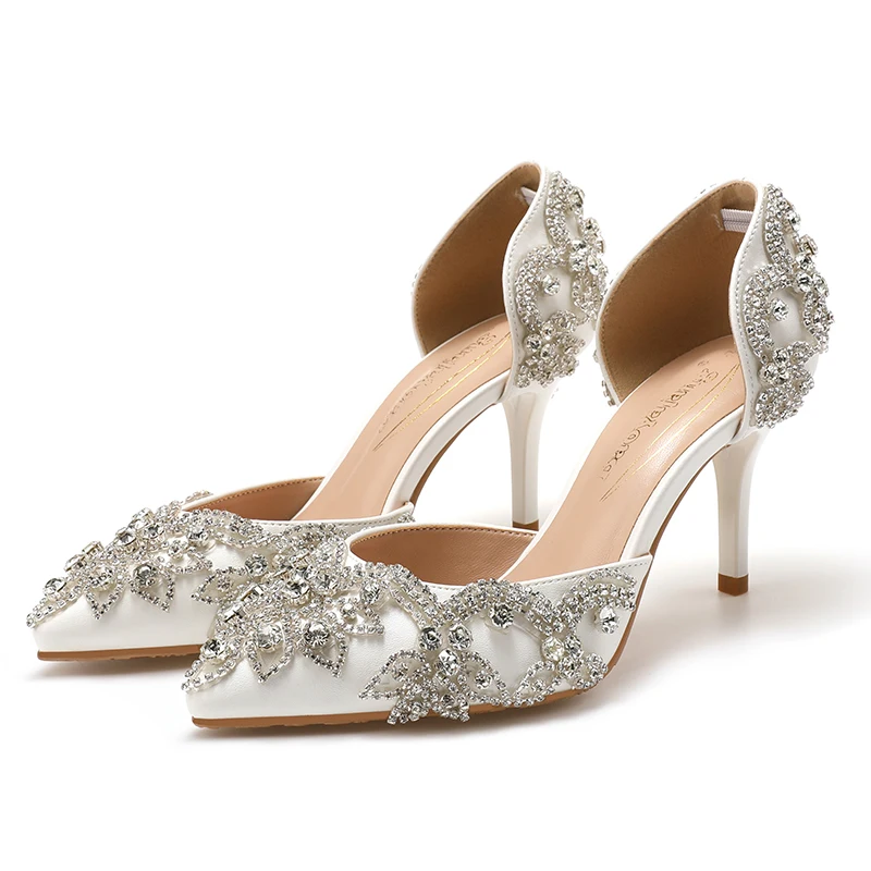 BaoYaFang/ сватбени обувки за младоженци; модни сандали; летни вечерни модела обувки без обков с кристали; дамски обувки-лодка на високи токчета; дамски сандали