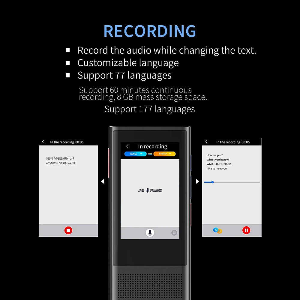 Boeleo W1 3,0 Гласов преводач с изкуствен интелект 117 езици 3,1 IPS Сензорен екран 4G СИМ-карта 8G Запис в паметта Преведени батерия 2080 mah 5