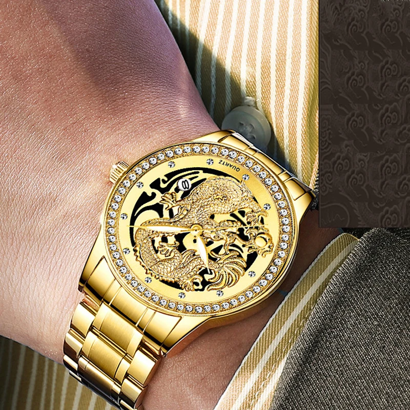 FNGEEN Мъжки Часовници Най-добрата Марка на Луксозни Китайски Дракон Златни Кварцов Часовник С Бриллиантовым Циферблат на Часовника От Неръждаема Стомана за Мъже Relogio Masculin 4