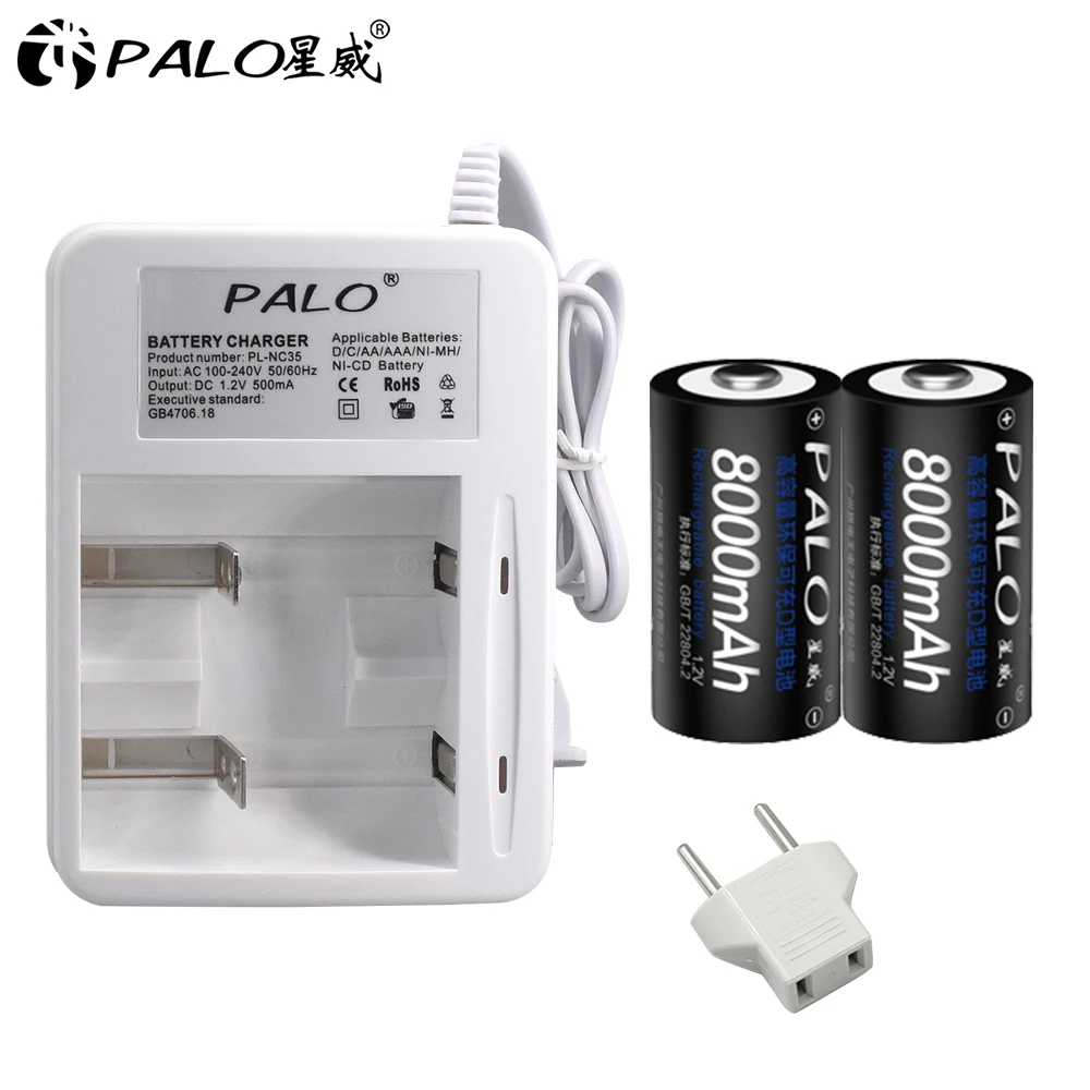 PALO D Размерът на Акумулаторна Батерия Тип R20 C 8000 ма + Led smart Зарядно Устройство Зарядно Устройство за 1,2 НА NIMH NICD AA AAA C D Батерия 0