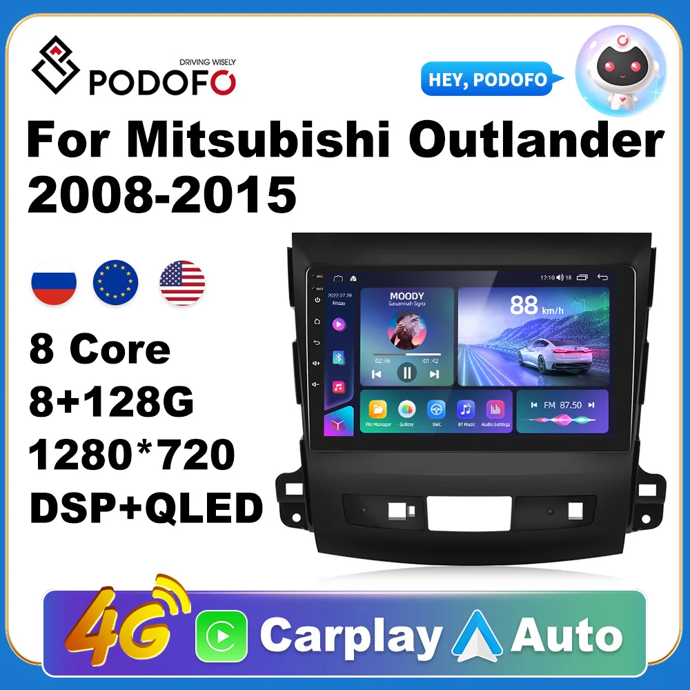 Podofo Android Авто Радио Авто Мултимедиен Плеър За Mitsubishi Outlander 2008-2015 Carplay 2din Авторадио GPS Навигация 2din