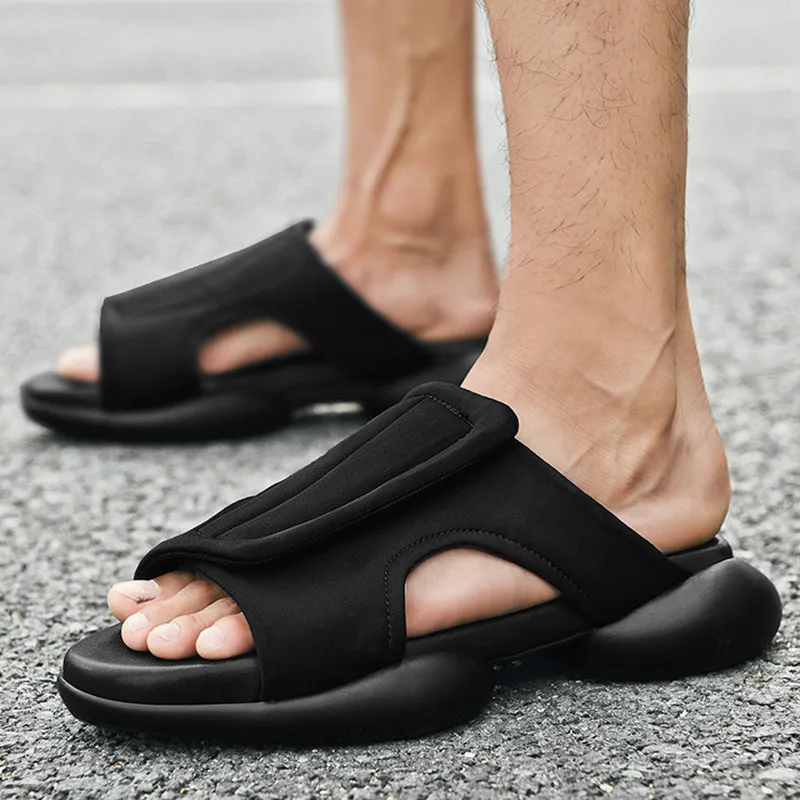 Qmaigie/Мъжки чехли; луксозна марка дизайнерски обувки; Мъжки Сандали; Летни обувки от въздушна мрежа; Улични Плажни Сандали; джапанки за мъже черен цвят 2