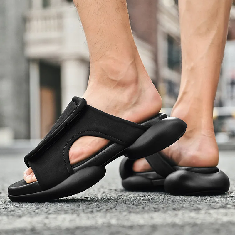 Qmaigie/Мъжки чехли; луксозна марка дизайнерски обувки; Мъжки Сандали; Летни обувки от въздушна мрежа; Улични Плажни Сандали; джапанки за мъже черен цвят 4