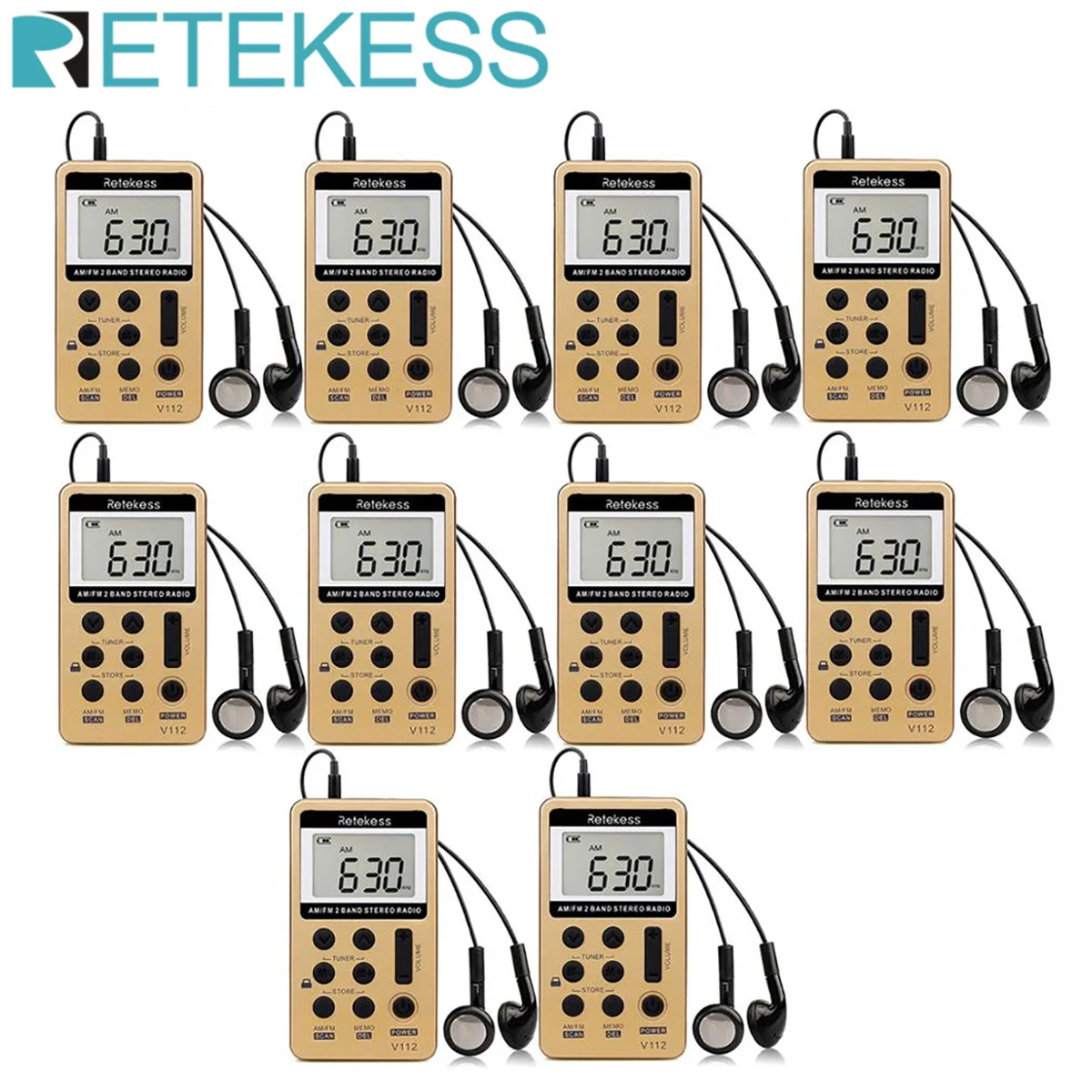 RETEKESS 10шт V112 FM AM 2-Полосное Радио Мини Преносим Дигитален Тунинг Радио С Акумулаторна Батерия и Слушалки