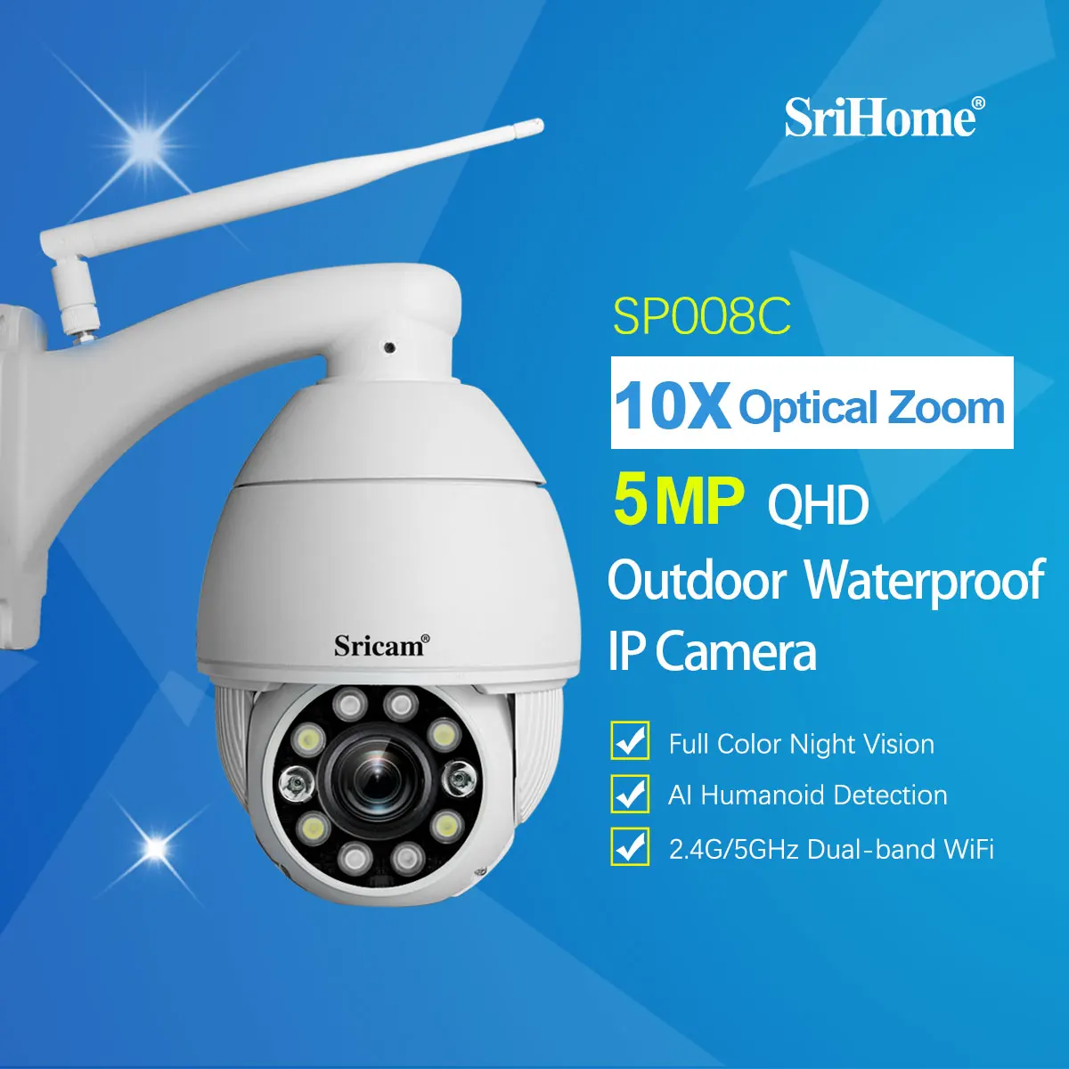 Sricam SP008C 5.0 MP 10X PTZ Оптично Увеличение IP Камера Wifi Външна Водоустойчива Защита за Сигурност и Видеонаблюдение Камери за Видеонаблюдение