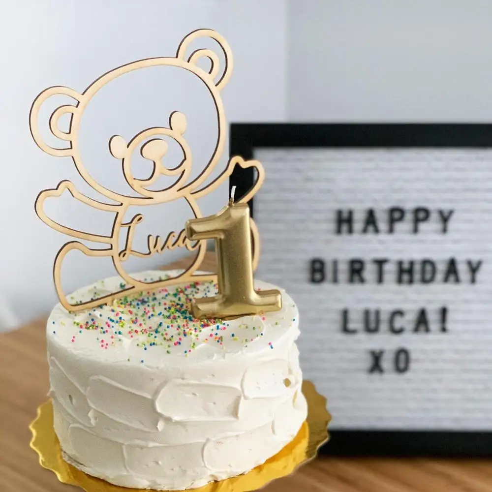 Topper За Торта Мече на Baby Shower с Потребителски Име, Topper За Торта Wooen Happy Birthday Bear, Персонализирани, за да проверите За Декор на Тортата