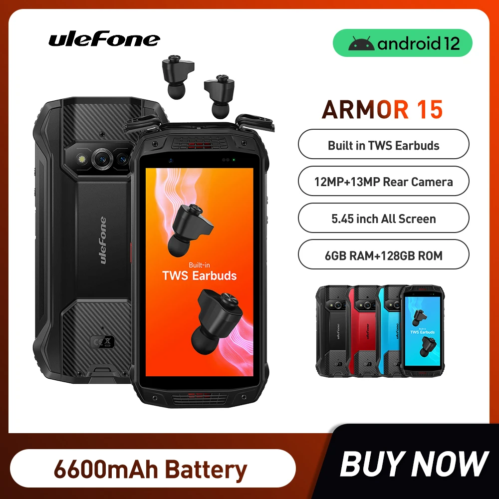 Ulefone Armor 15 Здрав Телефон Android 12 Смартфон 6600 mah 128 GB NFC 2,4 G / 5G WLAN Водоустойчив Мобилни телефони, Вградени слушалки TWS