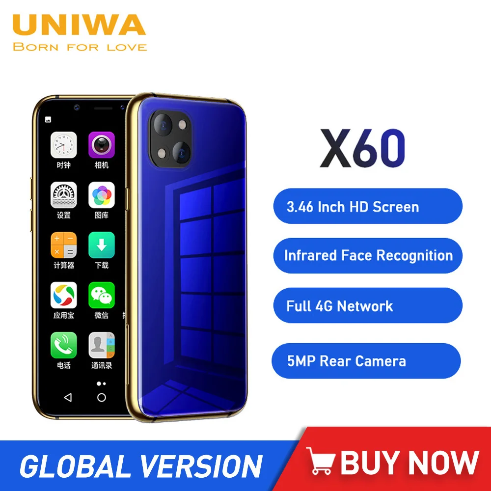 UNIWA X60 От 3.46 Инчов Мини Смартфон Global 4G LTE Android 6,0 Мобилен Телефон С две SIM карти, Двоен режим на готовност, Мобилен Телефон 1050 mah, Разблокированное Лицето 0