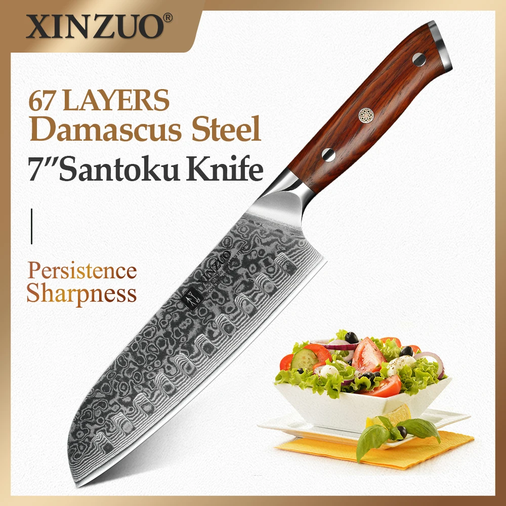 XINZUO 7-инчов Японски Нож на Главния готвач, Китайски Дамасский Кухненски Нож От Неръждаема Стомана, Професионални Ножове Сантоку с дръжка от Палисандрово дърво